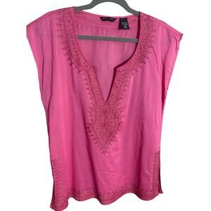 New York and Company Pink Embroidered Tunic Blouse Medium Boho Cotton Top